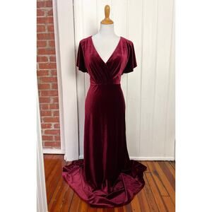Jenny Yoo Ellis Dark Berry Velvet Dress Flutter Sleeve Open Back Stretch Gown 10